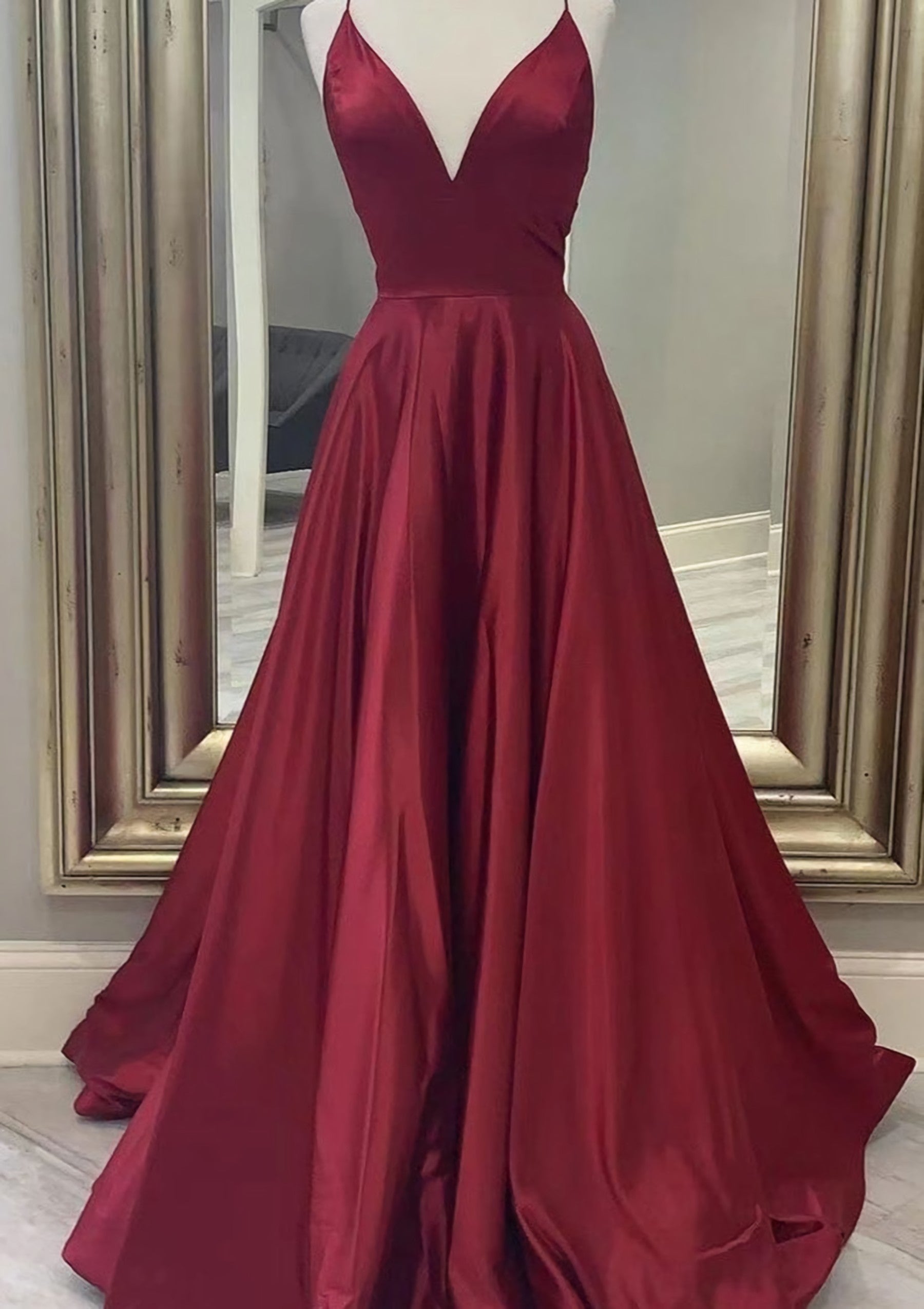 A Line V Neck Spaghetti Straps Long Floor Length Charmeuse Prom Dress With Pockets