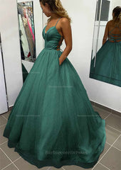 A Line V Neck Spaghetti Straps Long Floor Length Glitter Prom Dress With Pockets