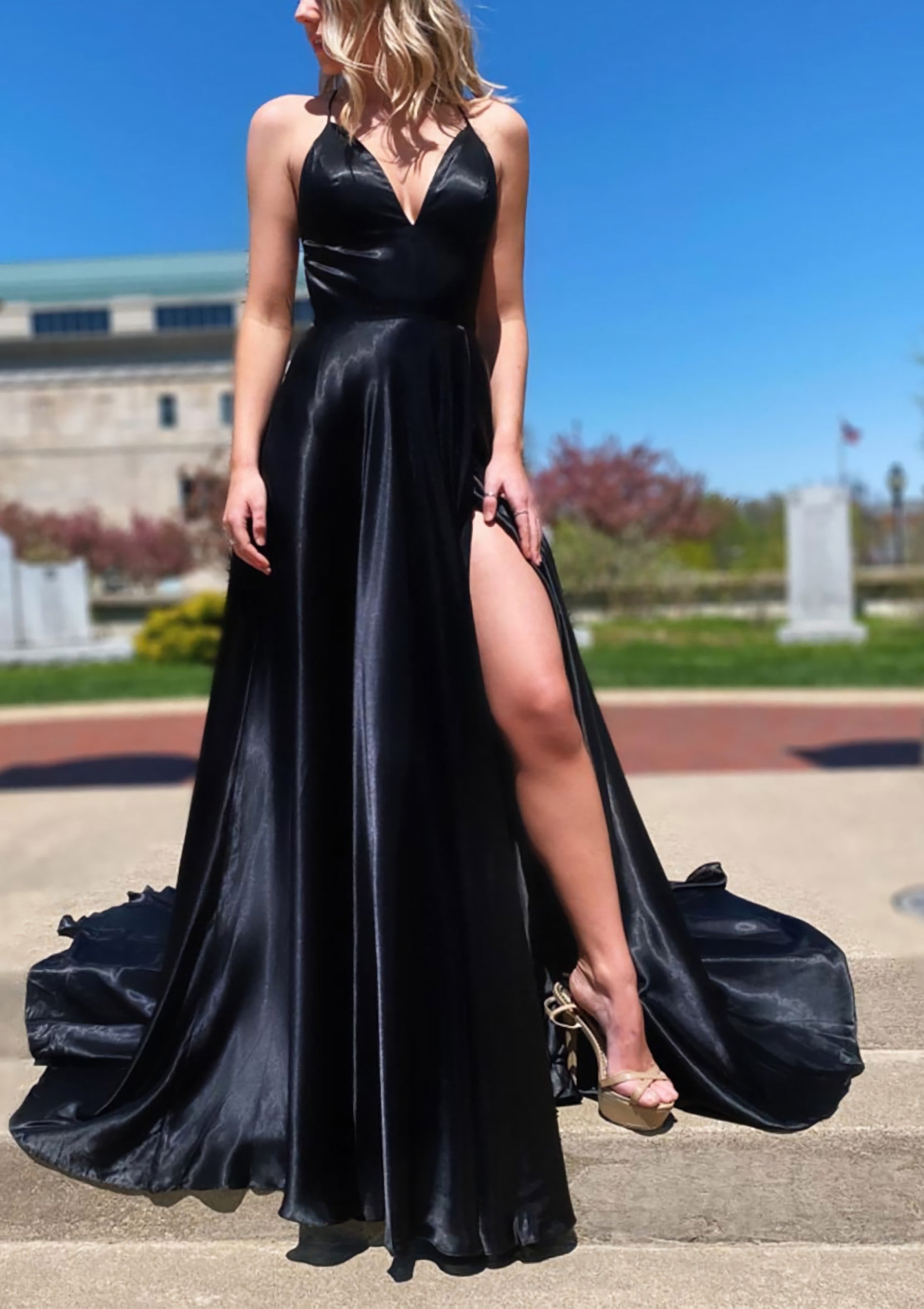 A Line V Neck Spaghetti Straps Sweep Train Charmeuse Prom Dresses With Split