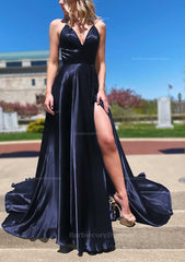 A Line V Neck Spaghetti Straps Sweep Train Charmeuse Prom Dresses With Split