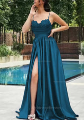 A Line V Neck Spaghetti Straps Sweep Train Satin Prom Dress With Appliqued Beading Pleated Split