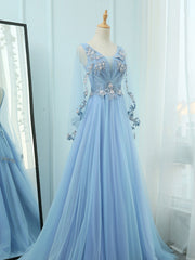 A-Line V Neck  Tulle Lace Blue Long Prom Dresses, Blue Formal Evening Dress