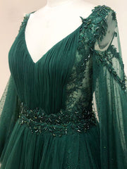 A-Line V Neck Tulle Lace Green Long Prom Dress, Green Formal Evening Dresses