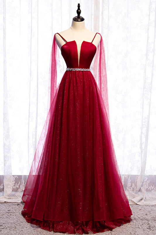 Burgundy Prom Dresses, Spagetti-Strap Sleeveless Prom Dress Tulle Ruffles with Beadings