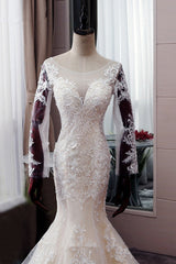 Autumn Long Sleevess Mermaid Lace appliques Ivory Wedding Dress