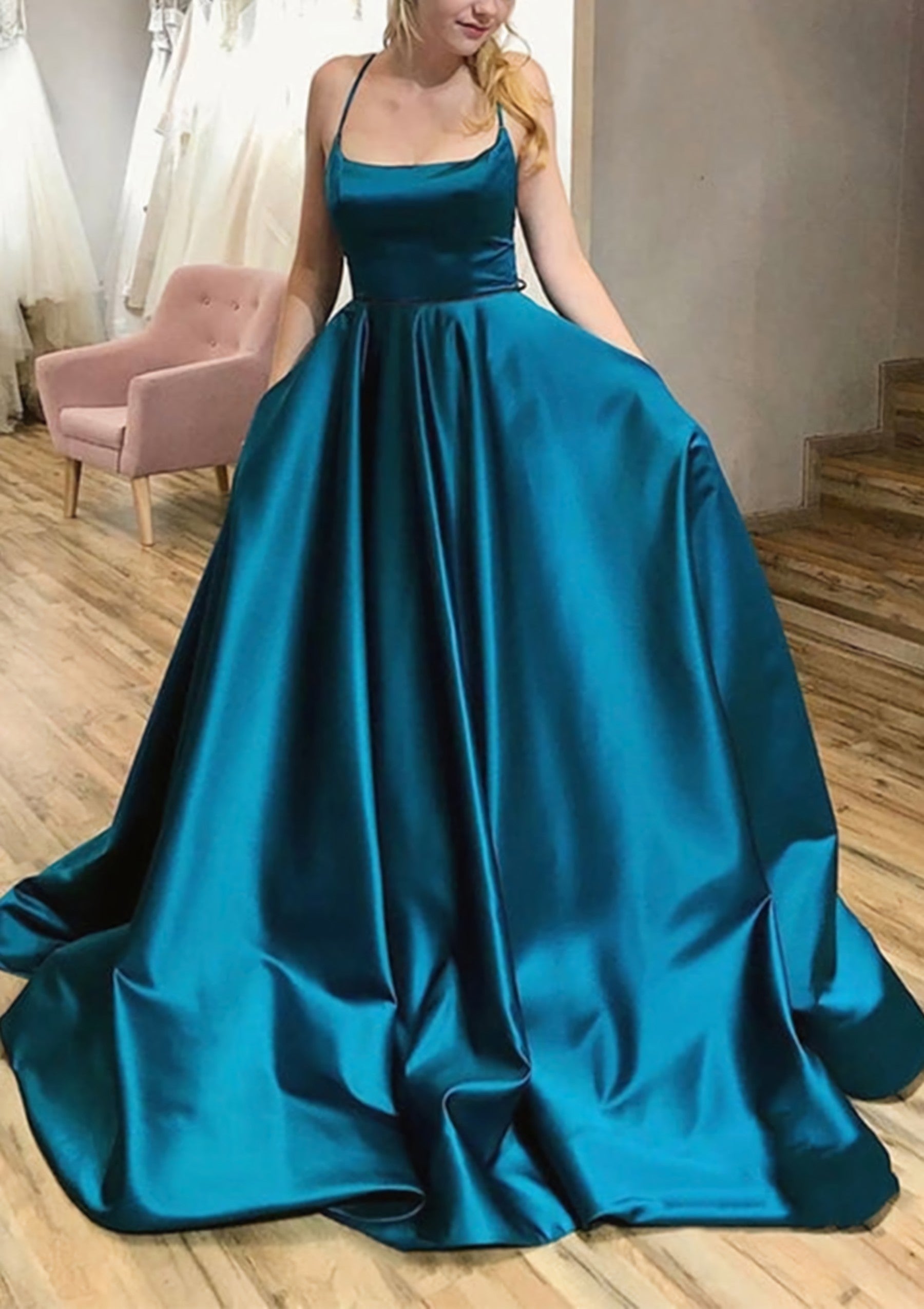 Ball Gown A Line Square Neckline Spaghetti Straps Sweep Train Satin Prom Dress With Pleated Pockets