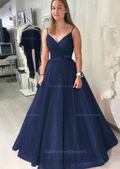 Ball Gown Long Floor Length Sparkling Tulle Prom Dress With Pleated