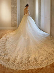 Ball Gown Off-the-Shoulder Cathedral Train Tulle Wedding Dresses With Beading