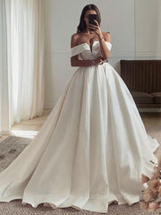 Ball Gown Off-the-Shoulder Sweep Train Satin Wedding Dresses