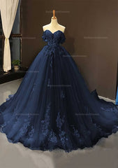 Ball Gown Off The Shoulder Sweep Train Tulle Prom Dress With Appliqued