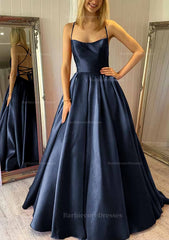 Ball Gown Square Neckline Sleeveless Satin Sweep Train Prom Dress With Pleated Pockets