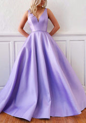 Ball Gown V Neck Sleeveless Satin Sweep Train Prom Dress