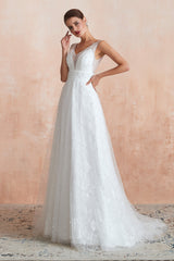 Beading Pearls Lace Floor Length Straps V-Back Backless White A-Line Wedding Dresses