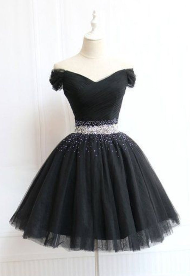 Beautiful Cute Charming Black Tulle V Neck Beaded Short Dress, Black Homecoming Dress