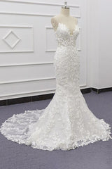 Best Long Mermaid Spaghetti Strap Appliques Lace Wedding Dress