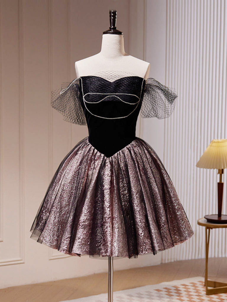 Black Off Shoulder Tulle Short Prom Dress, Black Homecoming Dress