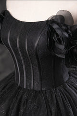 Black Tulle Floor Length A-Line Prom Dress, Off the Shoulder Evening Party Dress