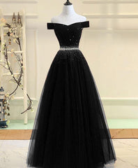 Black Tulle Off Shoulder Beaded Party Dress , Black New Dress for Party