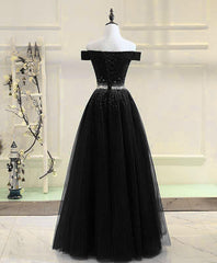 Black Tulle Off Shoulder Beaded Party Dress , Black New Dress for Party