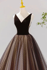 Black V-neck Tulle Short Prom Dress, A-Line Black Tea Length Party Dress