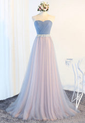 Blue Tulle Long Prom Dresses, A-Line Strapless Evening Dresses