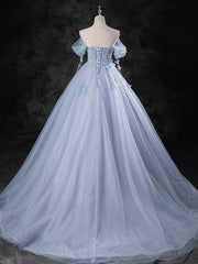 Blue A-Line Off Shoulder Tulle Long Prom Dress, Blue Formal Dress