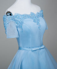 Blue A-Line Tulle Short Sleeve Lace Short Prom Dress, Blue Cute Homecoming Dress