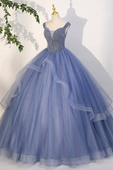 Blue Beaded Tulle Long A-Line Prom Dress, Blue Formal Dress