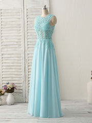 Blue Round Neck Lace Chiffon Long Prom Dress, Blue Long Formal Dresses