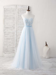 Blue Round Neck Tulle Lace Applique Long Prom Dresses