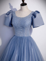 Blue Round Neck Tulle Sequin Beads Long Prom Dress, Blue Evening Dress