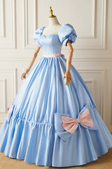 Blue Satin Long Princess Dress, Lovely Short Sleeve Ball Gown Sweet 16 Dress