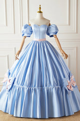 Blue Satin Long Princess Dress, Lovely Short Sleeve Ball Gown Sweet 16 Dress