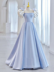 Blue Satin Long Prom Dresses, Blue Formal Graduation Dresses