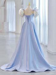 Blue Satin Long Prom Dresses, Blue Formal Graduation Dresses