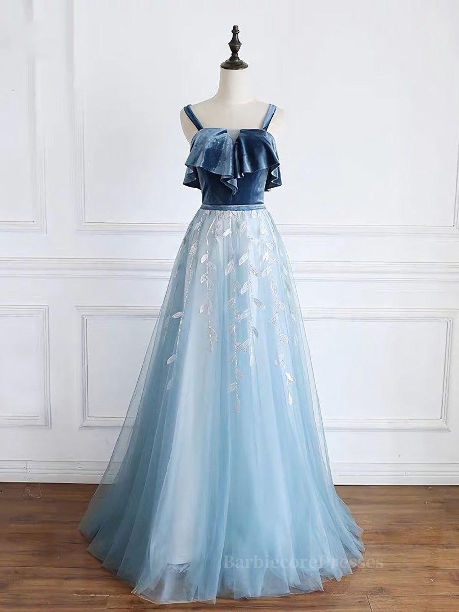 Blue tulle lace long prom dress, blue tulle formal dress