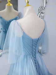 Blue v neck tulle long prom dress, blue tulle formal dress