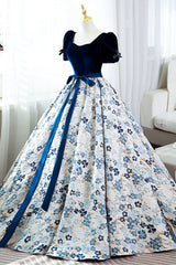 Blue Velvet Floral Long Ball Gown, A-Line Short Sleeve Formal Evening Dress