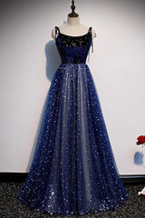 Blue Velvet Tulle Long Prom Dress, A-Line Evening Party Dress