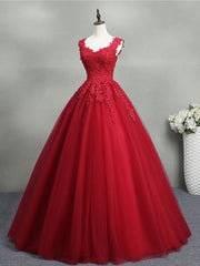 Burgundy A-Line Tulle Lace Long Prom Dress, Burgundy Formal Evening Dress