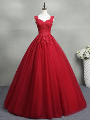 Burgundy A-Line Tulle Lace Long Prom Dress, Burgundy Formal Evening Dress