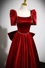 Burgundy Satin Long Prom Dress, A-Line Evening Dress with Bow