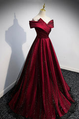 Burgundy Satin Off the Shoulder Prom Dress, A-Line Evening Graduation Dress