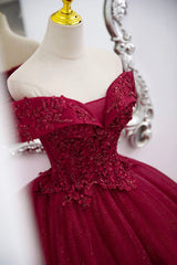 Burgundy Sweet 16 Formal Gown with Lace, Off the Shoulder Prom Dress Party Dress