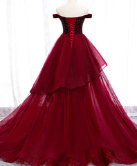 Burgundy Sweetheart Off Shoulder Tulle Long Prom Dress Tulle Formal Dress