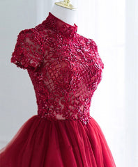 Burgundy Tulle Lace Long Prom Dress, Tulle Lace Evening Dress