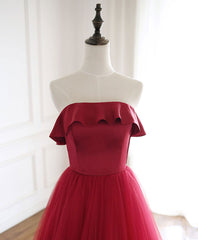 Burgundy Tulle Long Prom Dress, A line Burgundy Formal Party Dress