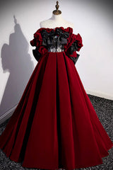 Burgundy Velvet Off the Shoulder Floor Length Prom Dress