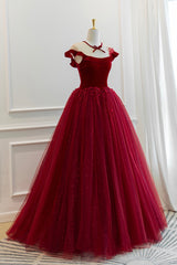 Burgundy Velvet Tulle Floor Length Prom Dress, Lovely Evening Party Dress