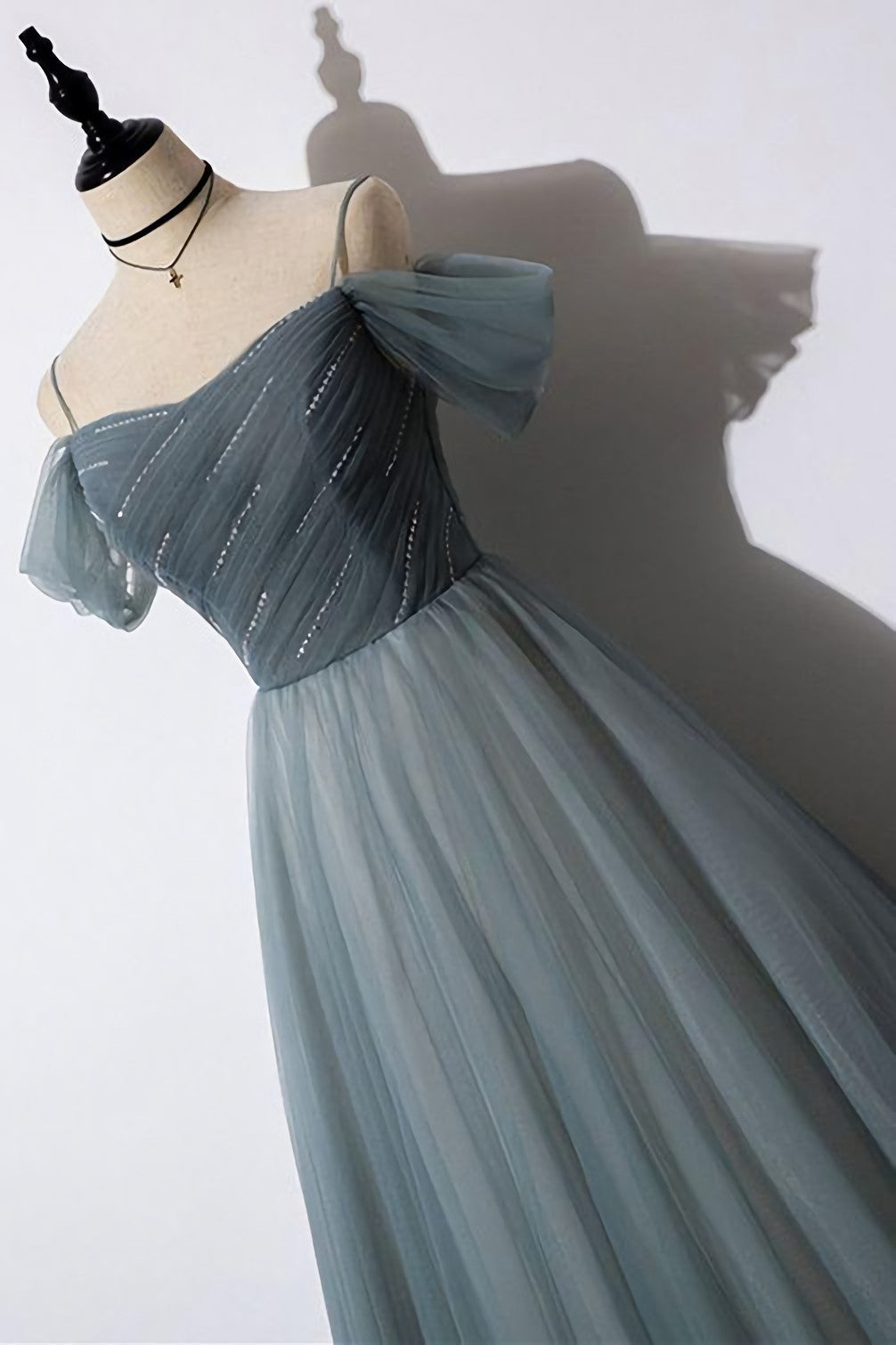 Off The Shoulder Grey Tulle Prom Dress